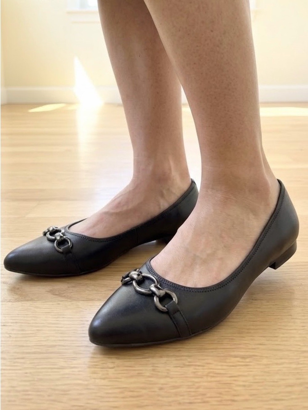 Anne Klein Akodenna Black Leather Chain Ballet Flats Sz 10 NIB Pointed Toe Work
